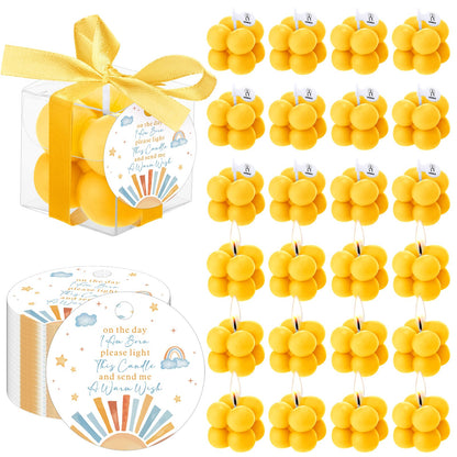MTLEE 24 Sets Here Comes the Son Baby Shower Favors Small Bubble Candle for Guests Tea Candles Bulk with Stylish Ribbons Cards Gifts Party Decoration(Yellow, Sun)
