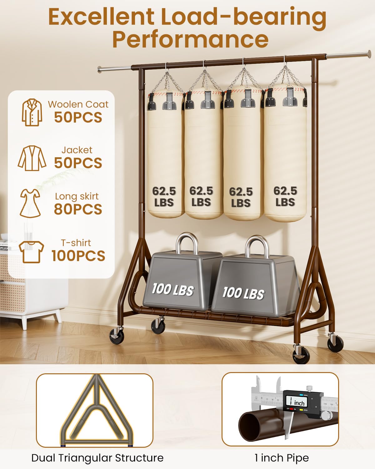 JIEJIERUI Heavy Duty Clothing Rack, Metal Clothes Rack Load 450 LBS, Rolling Coat Racks for Hanging Clothes with Lockable Wheels, Wardrobe Closet Garment Racks for Bedroom, Brown