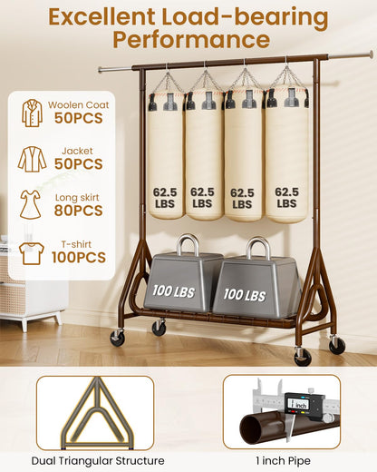 JIEJIERUI Heavy Duty Clothing Rack, Metal Clothes Rack Load 450 LBS, Rolling Coat Racks for Hanging Clothes with Lockable Wheels, Wardrobe Closet Garment Racks for Bedroom, Brown