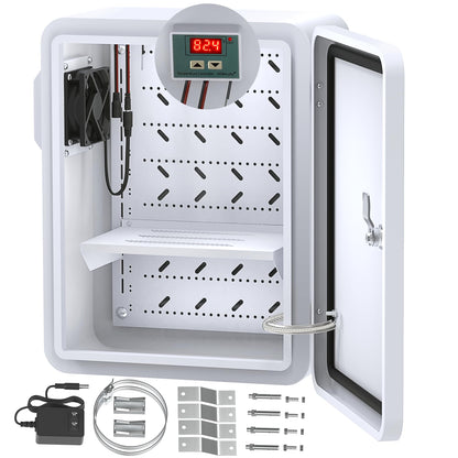 Akwscyby Outdoor Electrical Box with Thermostat and Fan, Precise Temperature Control 0.1°F, IP65 Water Resistant Rating, Galvanized Steel, Aluminum Rear Beam(17.7" x 13.8" x 7.9")