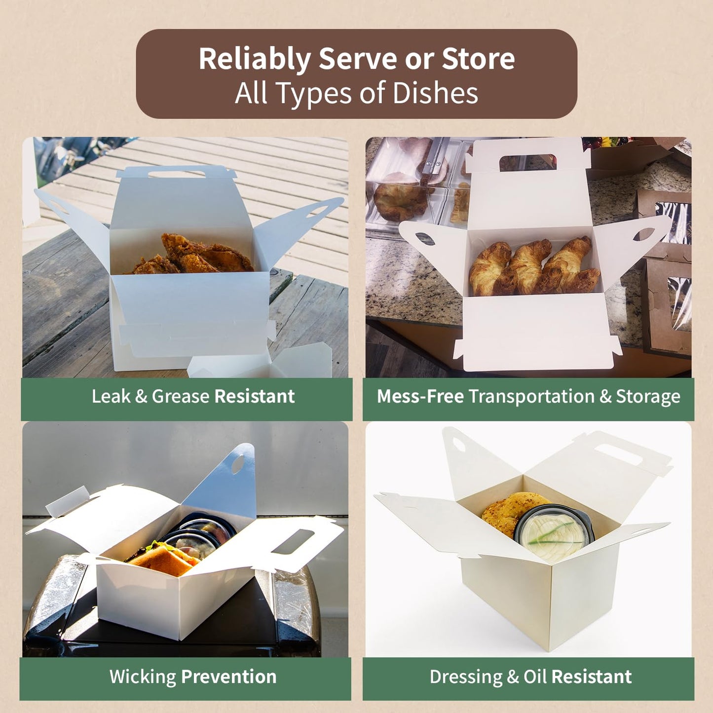 FC Meyer Packaging MeyerBarn White Glossy Chicken Gable Boxes with Handles, Durable Cardboard Food Take Out Cartons, Barn Style Box for Fried Chicken & Meals, 10lb, 8" L x 6" W x 5" H (Pack of 100)