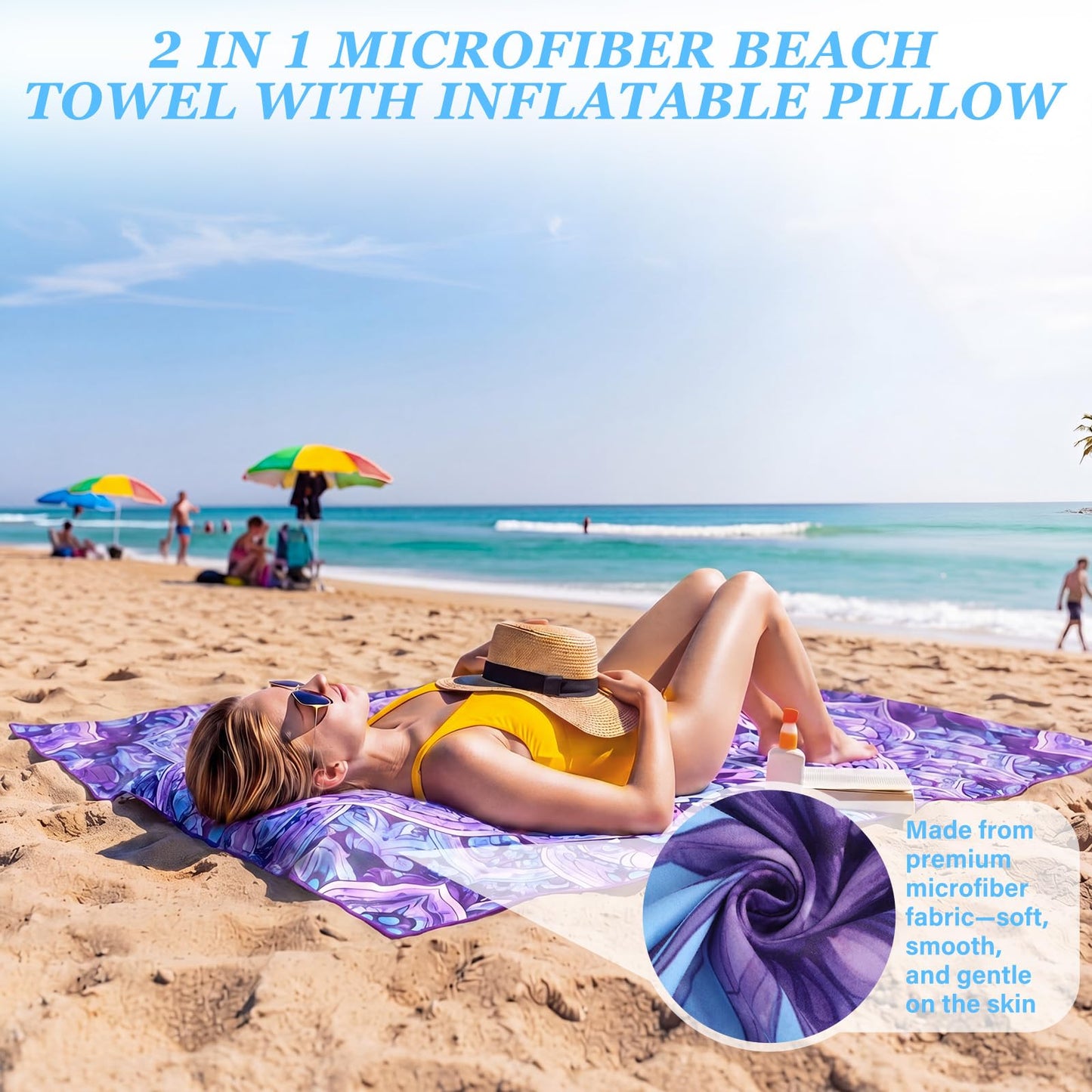 Lumina Garden 2 in 1 Microfiber Beach Towel with Round Inflatable Pillow 71'' x 32'' Mandala Lounge Chair Towel Oversized Quick Dry Blanket with Straps Pillowcases for Seaside Pool Camping