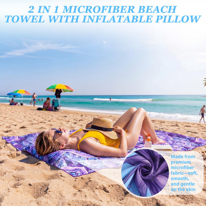 Lumina Garden 2 in 1 Microfiber Beach Towel with Round Inflatable Pillow 71'' x 32'' Mandala Lounge Chair Towel Oversized Quick Dry Blanket with Straps Pillowcases for Seaside Pool Camping