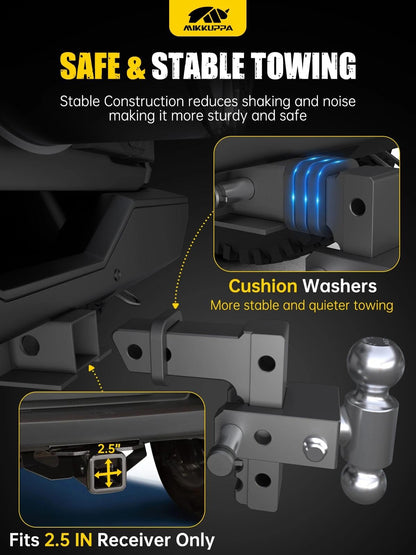 MIKKUPPA Adjustable Trailer Hitch - Fits 2.5" Receiver, 6" Drop/Rise Heavy Duty Aluminum Tow Hitches for Truck with Dual Ball Mount 2" x 2-5/16" (18,500 LBS GTW) and Anti-Theft Locking Hitch Pins