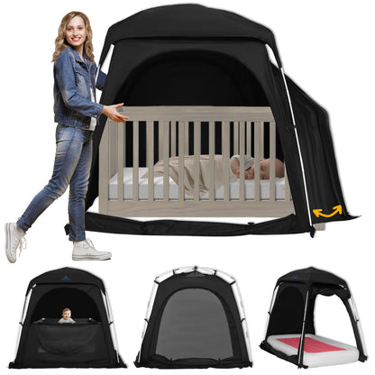 KNOCLOC Blackout Tent for Crib, Pack N Play, Toddler Travel Bed & Kids Cot, CPC Certified Baby Sleep Pod with Fan Pocket, 2 Mesh Doors, Breathable & Quiet Design, Easy Setup & Portable