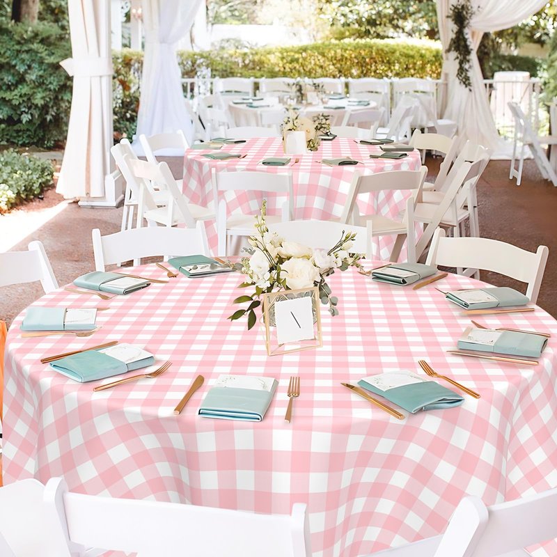 Mulbozy 2 Pcs Pink Gingham Round Tablecloth, 84 inches Disposable Plastic Pink and White Checkered Circle Table Covers for Baby Shower Wedding Bridal Shower Birthday Party Decorations