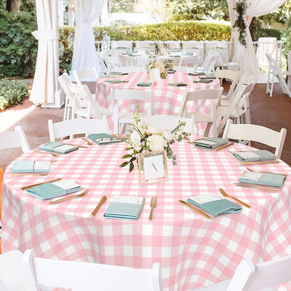 Mulbozy 2 Pcs Pink Gingham Round Tablecloth, 84 inches Disposable Plastic Pink and White Checkered Circle Table Covers for Baby Shower Wedding Bridal Shower Birthday Party Decorations