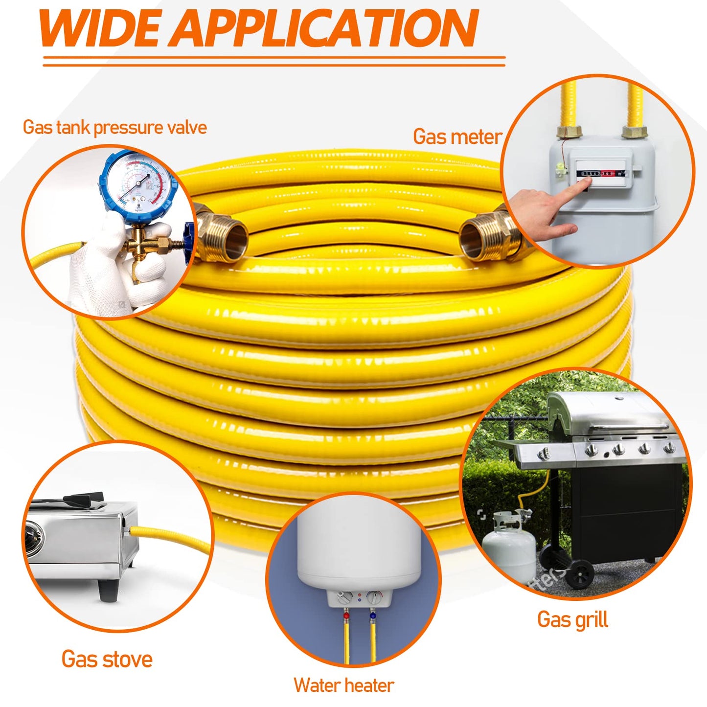 Grehitk 100ft 3/4'' Flexible Gas Line, CSST Corrugated Stainless Steel Tubing Pipe Kit, Natural Gas Line Propane Pipe Conversion Kit Grill Hose with 2 Male Adapter Fittings (100ft 3/4'')