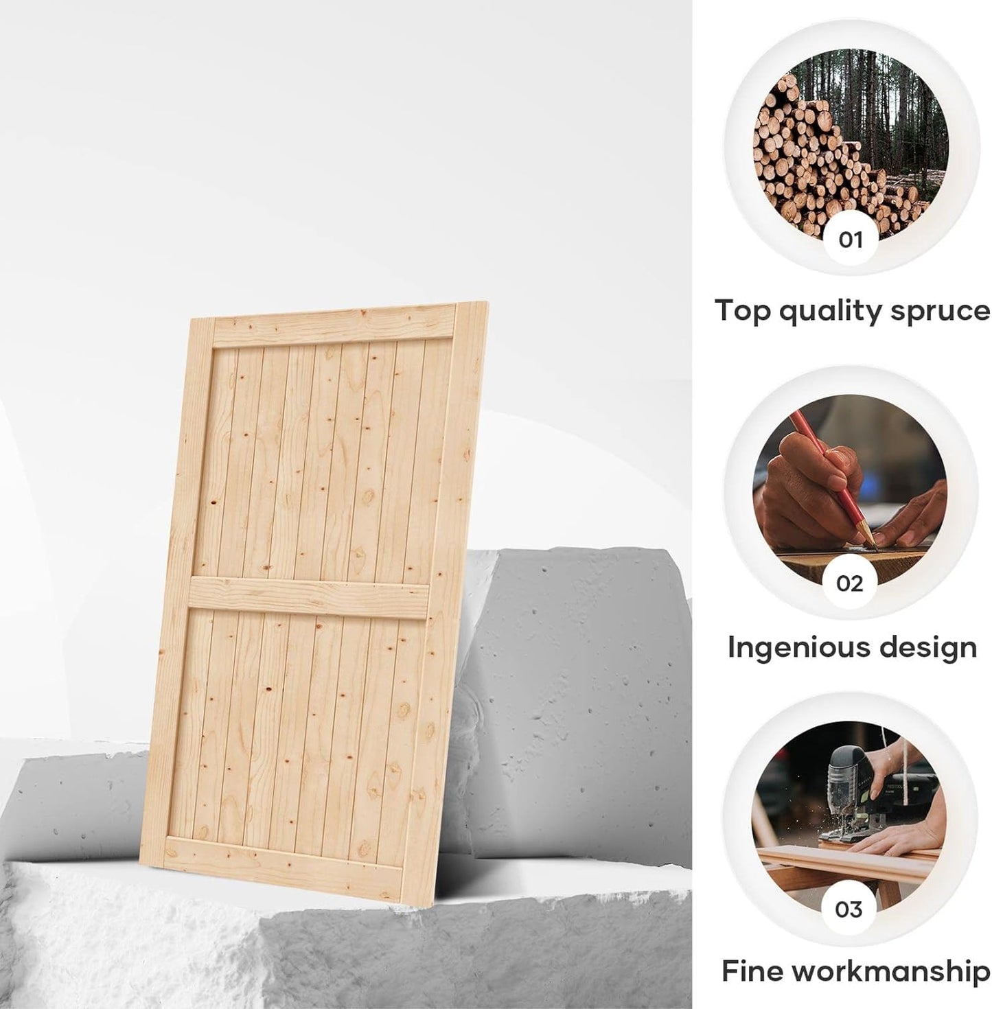 EaseLife 60in x 84in Sliding Barn Door Wood, Interior Doors, DIY Assemblely, Solid Natural Spruce Panelled Slab,Easy Install,Apply to Rooms & Storage Closet,H-Frame