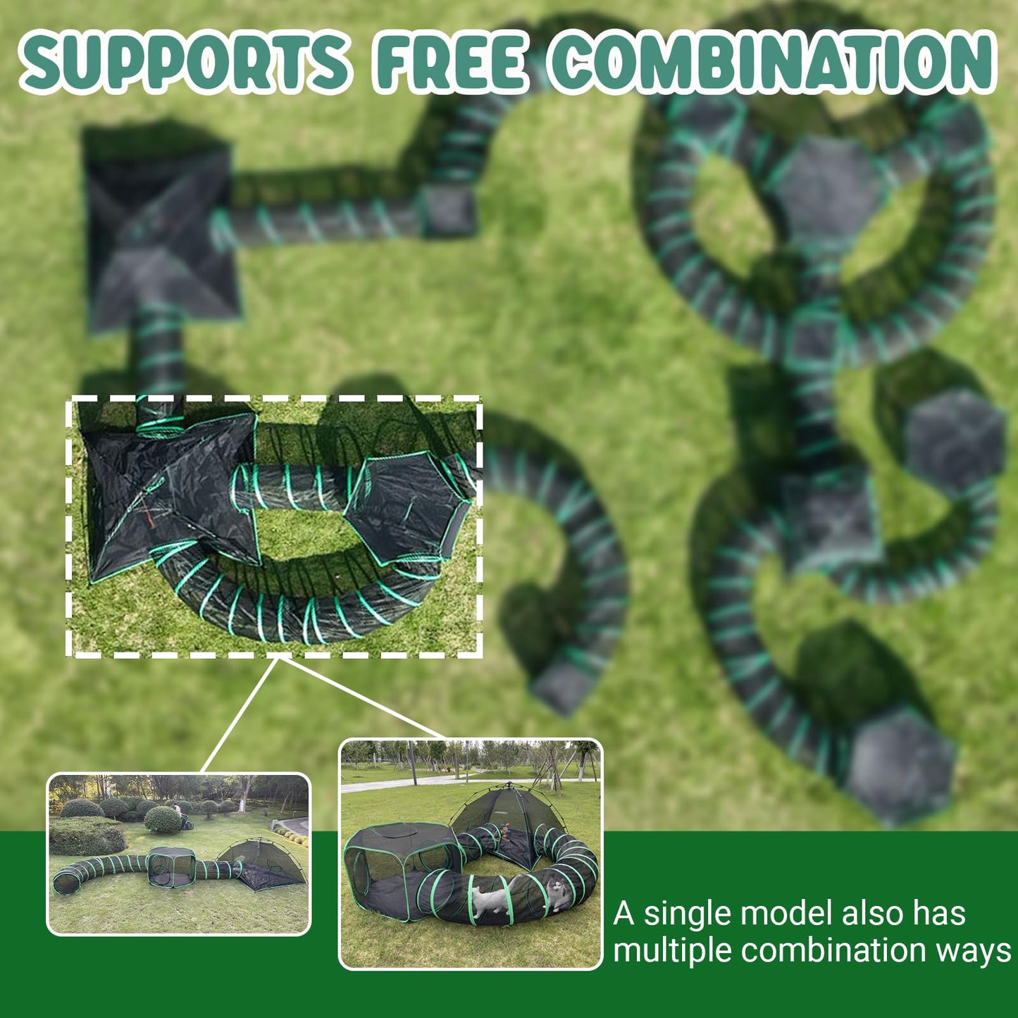 Pawtenda Cat Tents for Outside, Green Outdoor Cat Enclosures, Foldable Pet Playpen with Tunnels for Outside, Portable 4-in-1 Catio Including 2 Tents and 2 Tunnels