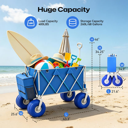 Premium 10.5" Balloon Wheels Beach Wagon - 450LBS Heavy Duty Sand Wagon, Foldable All Terrain Collapsible Utility Wagon with Removable Cooler Bag, Easy Roll for Soft Sand Family Camping - Blue