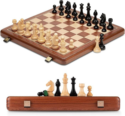 A&ampA Premium Folding Chess Board Game Set 15 Wooden Chess Board &amp 3 King Height Staunton Chess Pieces with 2 Extra Queens Portable Travel Chess Set (Natural Mahogany 15 Inches)