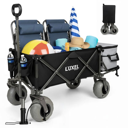 Beach Wagon with Big Wheels for Sand - Heavy Duty Collapsible Folding Utility Wagon Cart 300lb Capacity with 9” All-Terrain Pneumatic Tires & Cup Holders - Portable Garden Camping Outdoor Cart (Black)