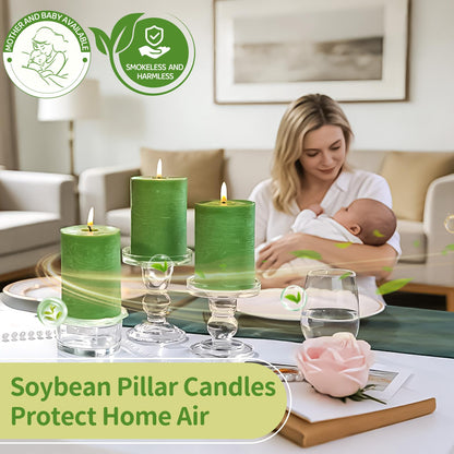 6 Pack Moss Green Soy Pillar Candles, 2.8x4in - 330H Total Burn Time - Rustic Textured Natural Wax - Non-Toxic, Dripless & Smokeless Hand-Poured Candles for Spring Home Decor, Dinner Table, Wedding