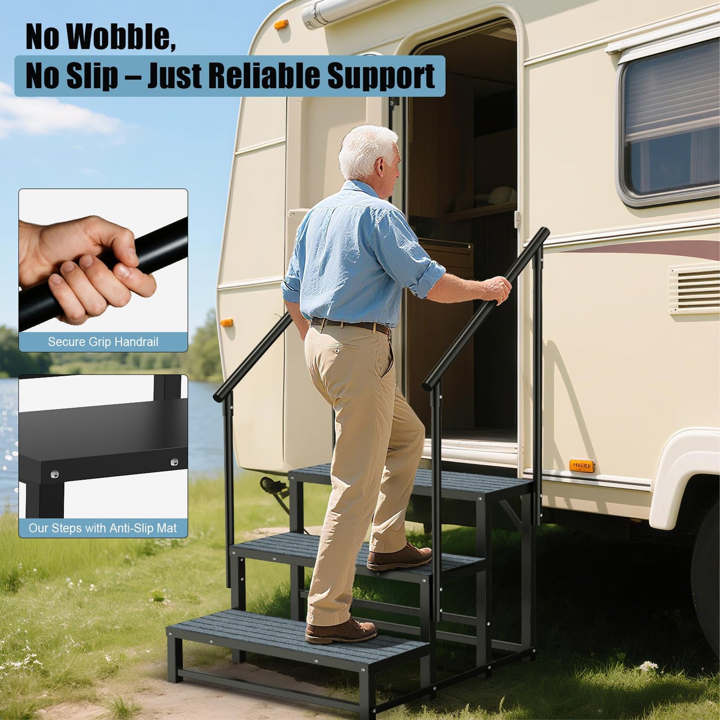 RV Steps with 2 Handrail, 3-Step Heavy Duty Hot Tub Steps, Non-Slip Outdoor Spa Steps for RV, Camper, Trailer, Mobile Home, Porch, Portable Ladder Stairs with Anti-Slip Mats (3 Steps with 2 Handrail)