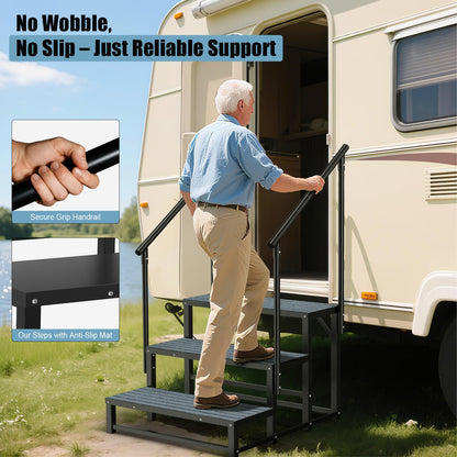RV Steps with 2 Handrail, 3-Step Heavy Duty Hot Tub Steps, Non-Slip Outdoor Spa Steps for RV, Camper, Trailer, Mobile Home, Porch, Portable Ladder Stairs with Anti-Slip Mats (3 Steps with 2 Handrail)