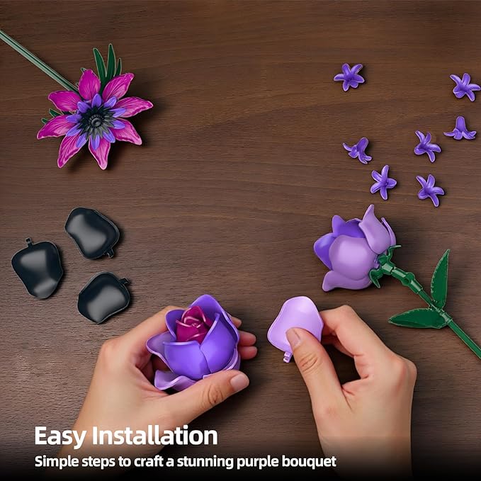 Purple Rose Flowers Bouquet Building Set - Valentines Decor Compatible with Lego Flowers for Adults Women - Gothic Home Office Table Centerpiece Decor Halloween Christmas Valentine's Gift