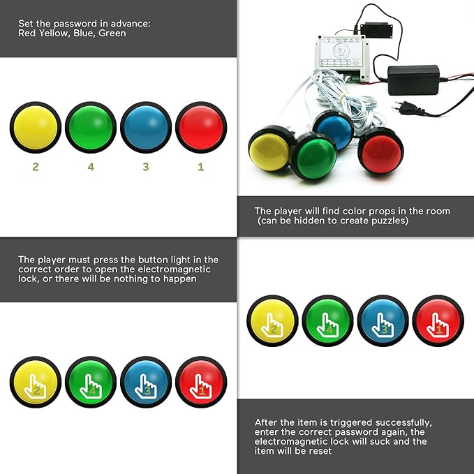 Escape Room Props 5 Colors Buttons Mechanism Press It In Order To Control 12V Magnet Lock For Exit Game Owner Player Adventurer (10 Buttons No Audio)