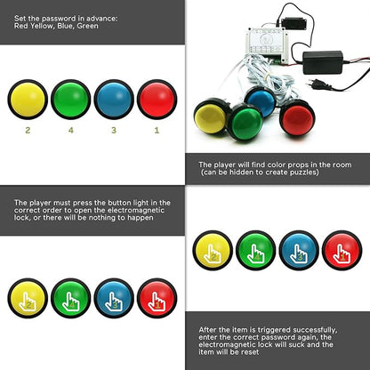 Escape Room Props 5 Different Colors Buttons Mechanism Press It In Order To Control 12V Magnet Lock For Exit Game Owner Player Adventurer (4 Button No Video)