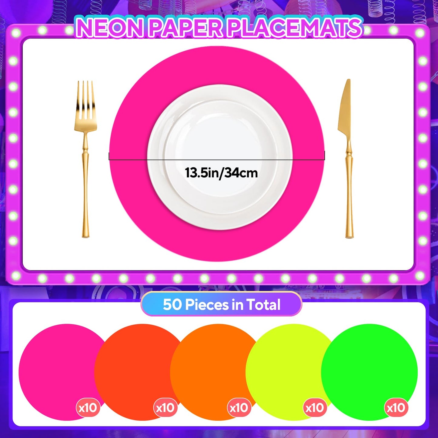 50 Pieces Neon Paper Placemats Glow in The Dark Disposable Table Mats for Neon Glow Party Birthday Decorations