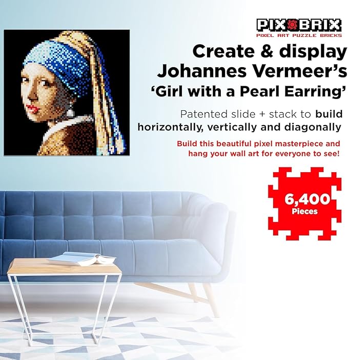 Pix Brix Pixel Art kit Puzzle Bricks - Girl w/Pearl Earring 6 400 Pieces - Patented Colorful Building Bricks to Recreate This Famous Print Create Builds Without Water Iron or Glue