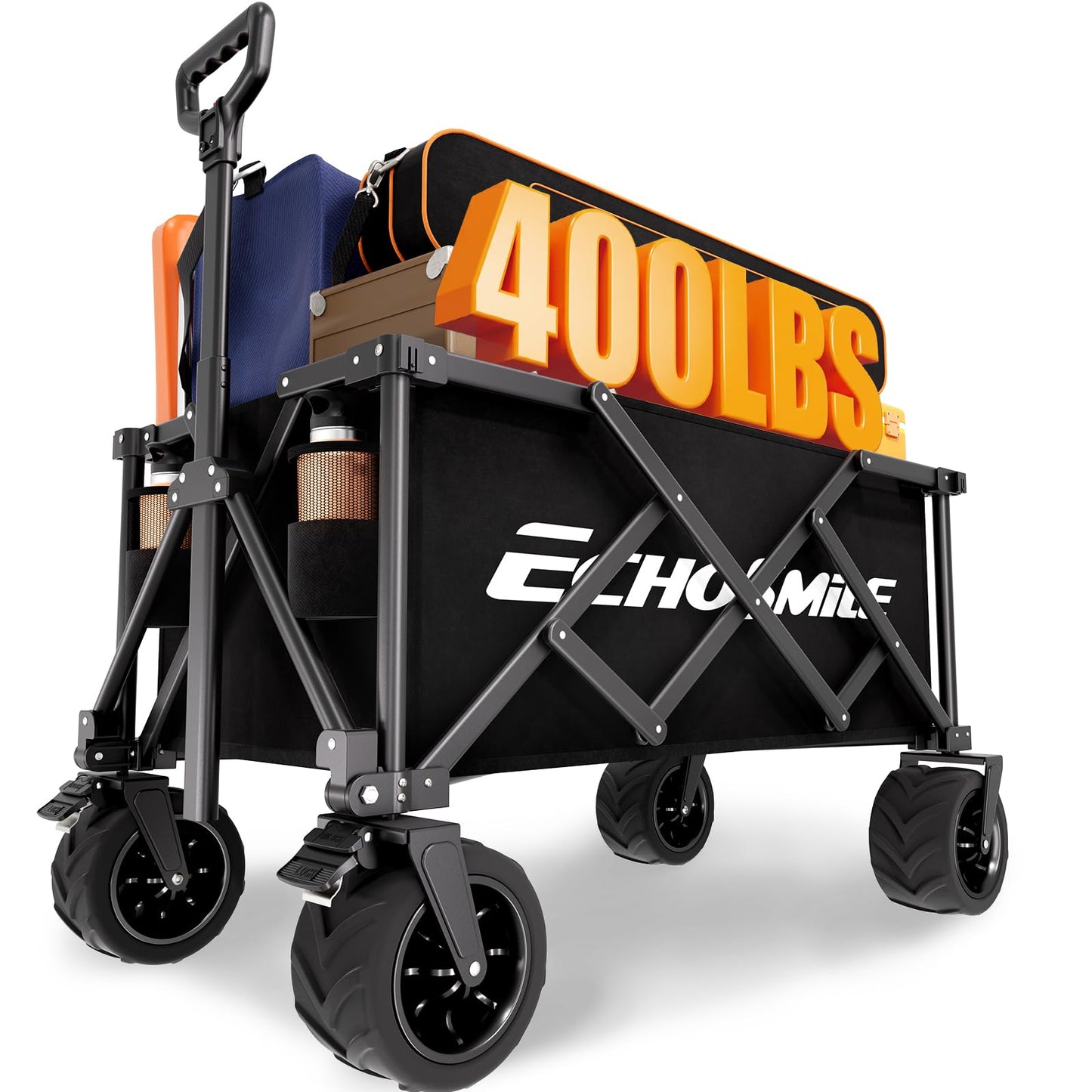 EchoSmile Collapsible Folding Wagon Cart with Compact Storage - 400Lbs Capacity All Terrain Utility Cart for Camping, Beach, Grocery, Garden,Black