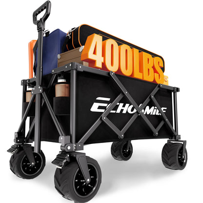 EchoSmile Collapsible Folding Wagon Cart with Compact Storage - 400Lbs Capacity All Terrain Utility Cart for Camping, Beach, Grocery, Garden,Black