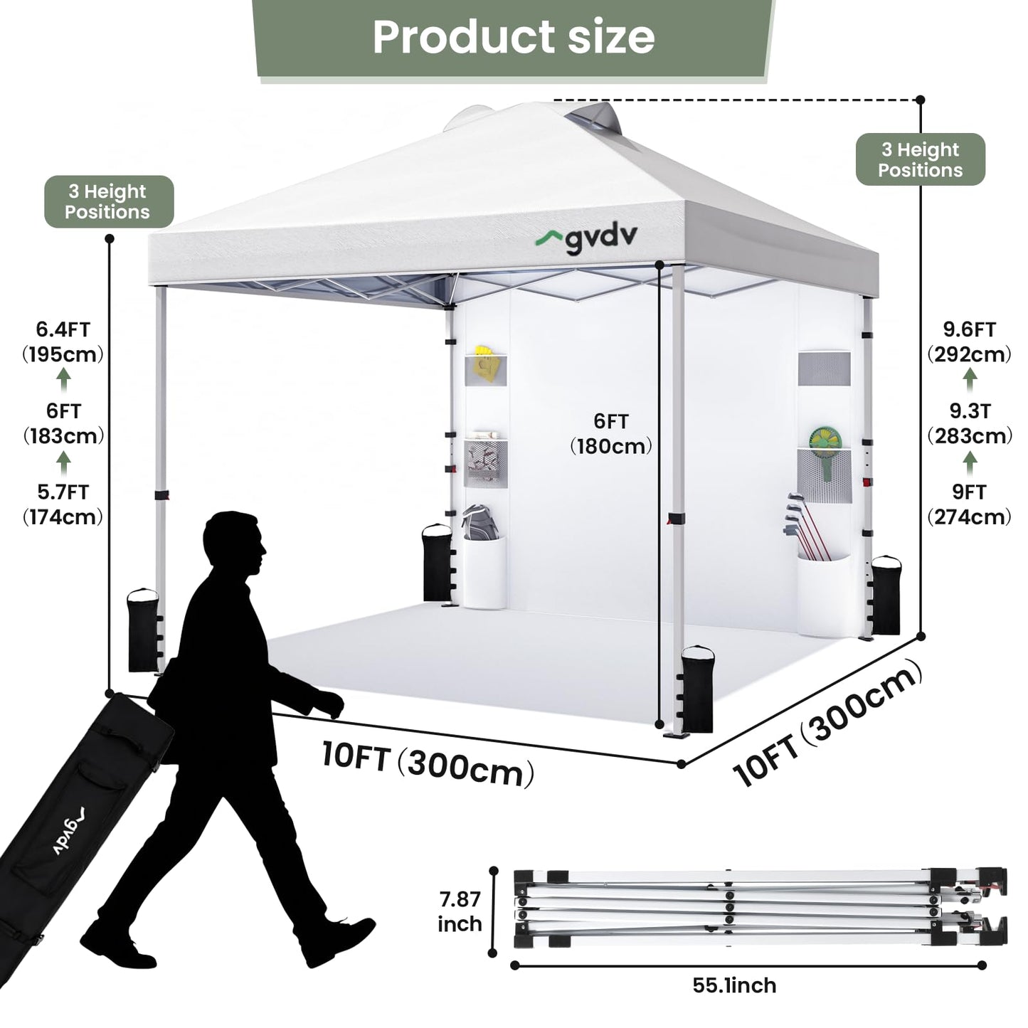 GVDV 10x10 Pop Up Canopy Tent with Pocket Sidewall, Beach Tent with One Push Setup, Outdoor Sun Shade for Events, Parties, Camping - Gazebo with Wheelbag and 4 Weight Bags, White, CP23