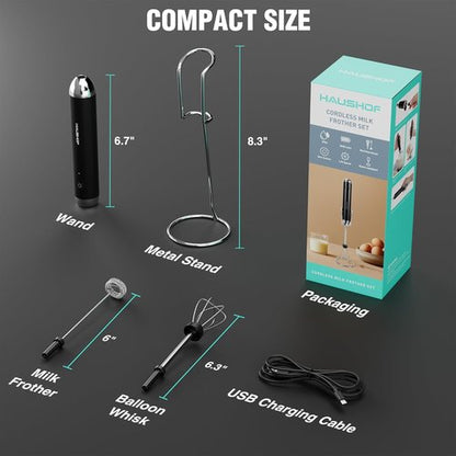HAUSHOF Rechargeable Milk Frother Wand - Handheld Electric Foam Maker with 2 Whisks & Stand | Perfect for Lattes, Cappuccinos, Matcha