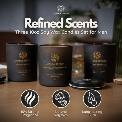 Luxury Candles for Men Gift Set (3×10oz) – Strong Masculine Scents (Mahogany Teakwood, Whiskey Tobacco, Sandalwood) – Long Lasting Soy Candles for Home, Man Cave Decor, Gifts for Him