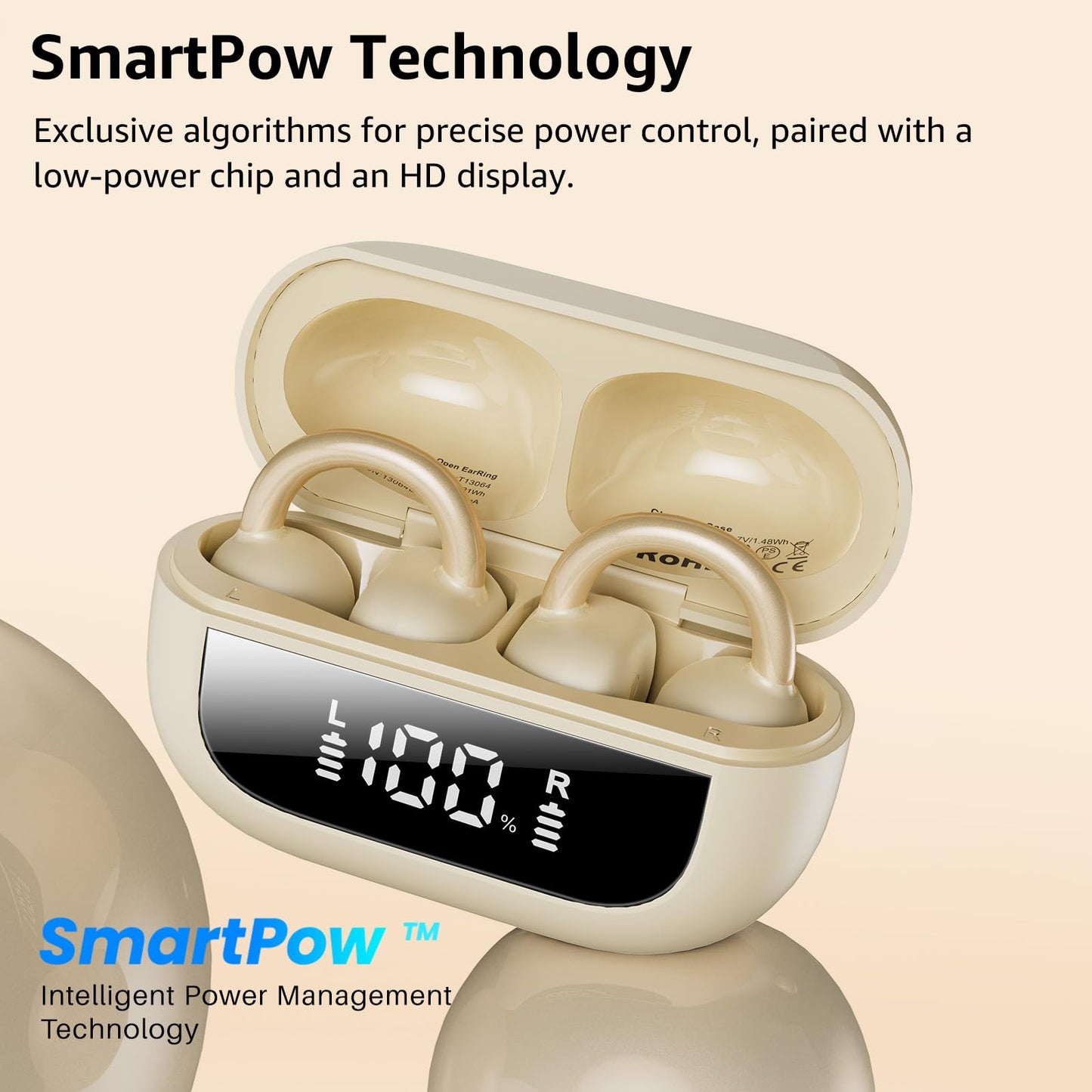 TOZO OpenEarRing True Open Ear Earbuds, Lightweight Comfort Open Ear Clip Wireless Earbuds, 40H Play Bluetooth 5.4 Headphones with Smart Digital Display Design Fit Sports Running, Workout Khaki