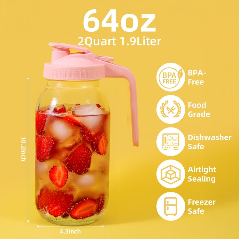 AsstarJTK Glass Mason Jar Pitcher - 64 oz/2 Quart Wide Mouth Jug with Lid and Pour Spout, Airtight Seal, Leak Proof Iced Tea Pitcher for Sun Tea, Juice, Breast Milk, Cold Beverages, Coffe