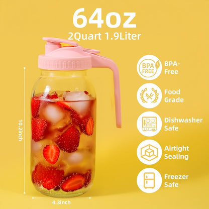 AsstarJTK Glass Mason Jar Pitcher - 64 oz/2 Quart Wide Mouth Jug with Lid and Pour Spout, Airtight Seal, Leak Proof Iced Tea Pitcher for Sun Tea, Juice, Breast Milk, Cold Beverages, Coffe