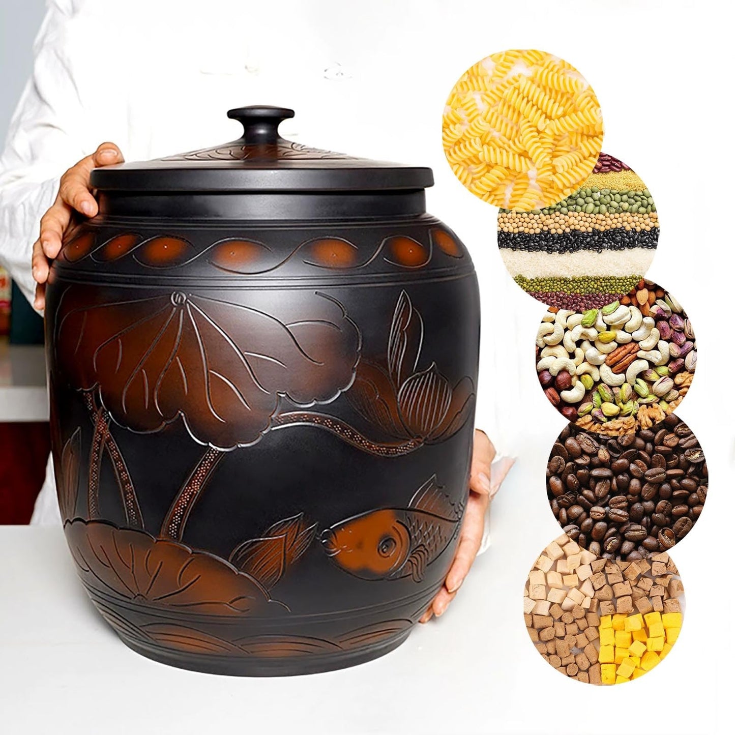 Food Storage Jar Ceramic Rice Jar with Lid 22lb 33lb 55lb Ceramic Rice Container Food Airtight Storage Jars Kitchen Sealed Jar Grain Rice Dispenser for Baking Supplies Cereal Flour Sugar(33lb)