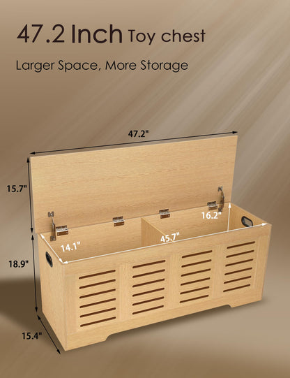 DINZI LVJ Storage Chest, 47.3”Wooden Storage Box with 2 Safety Hinges, Entryway Shoe Bench with Flip-Top, Farmhouse Style Trunk for Living Room, Bedroom, Play Room, Easy Assembly, Natural