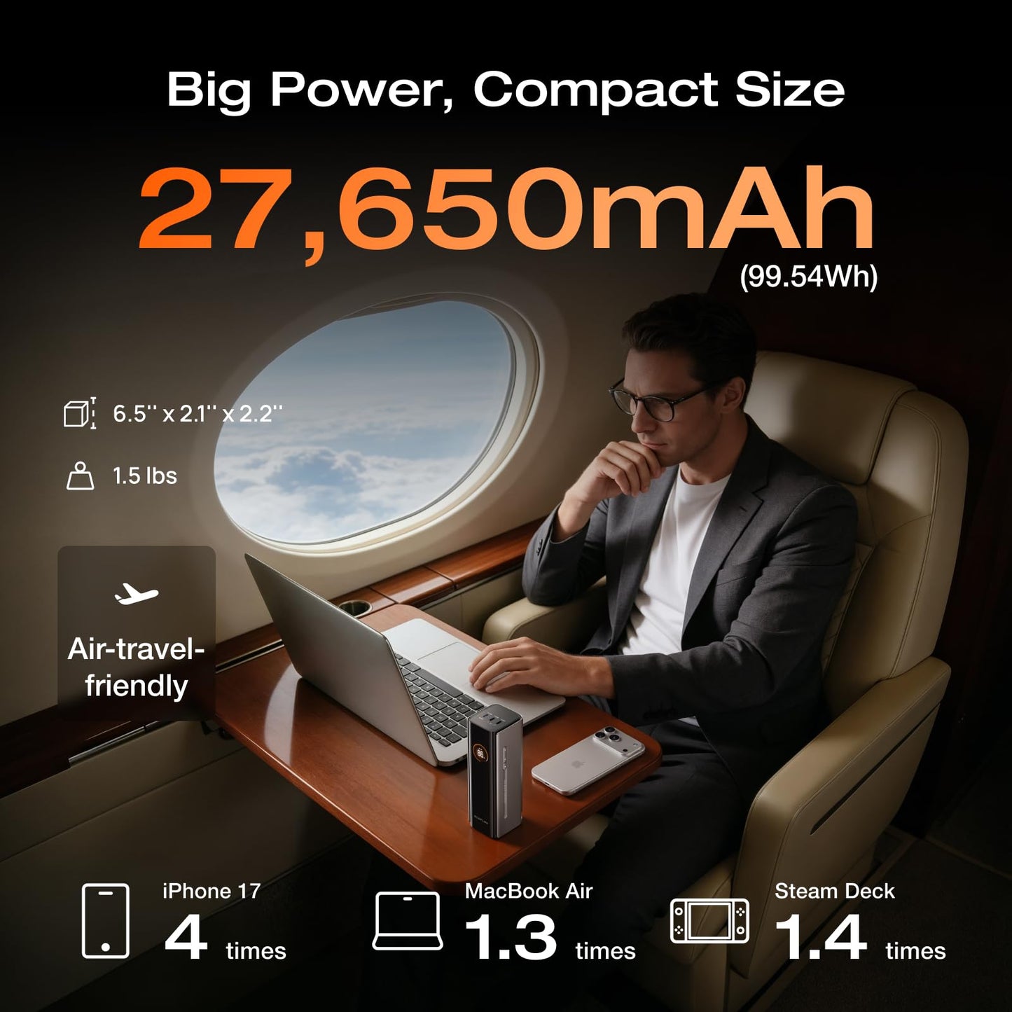 EF ECOFLOW Rapid Pro Power Bank, 4-Port with 300W Max Output, Portable Charger with 140W Built-in Cable, TSA-Approved, Smart APP, 3950x7mAh, for MacBook Pro/Air, iPhone 17/16 Series, Laptops, and More