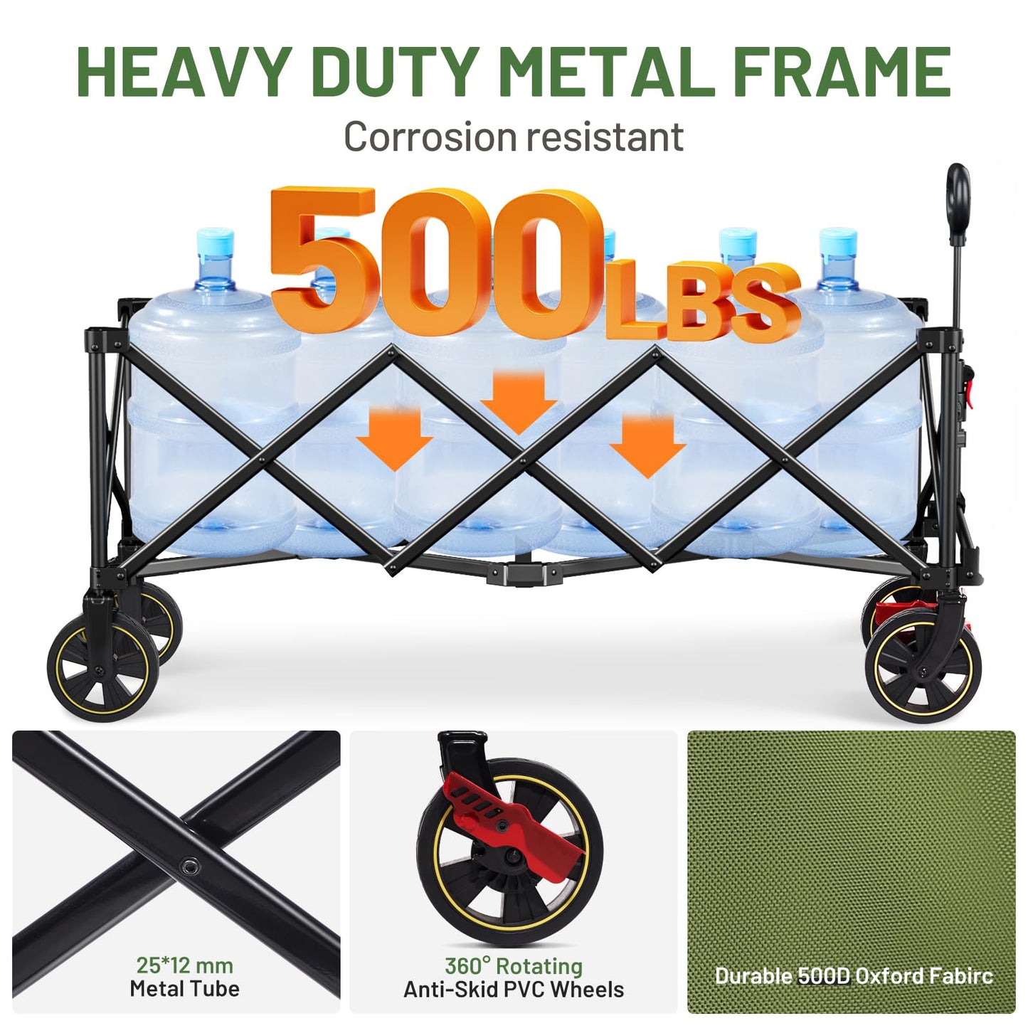 Timber Ridge 51.2'' Extended Collapsible Wagon Cart with Brakes and Cargo Net, Heavy Duty Foldable Utility Wagon with Adjustable Handle, 400L Capacity Portable Cart for Camping Sports Shopping