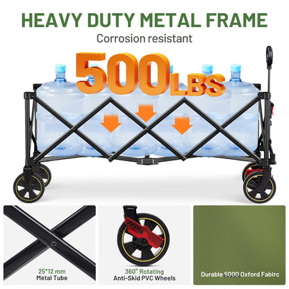 Timber Ridge 51.2'' Extended Collapsible Wagon Cart with Brakes and Cargo Net, Heavy Duty Foldable Utility Wagon with Adjustable Handle, 400L Capacity Portable Cart for Camping Sports Shopping