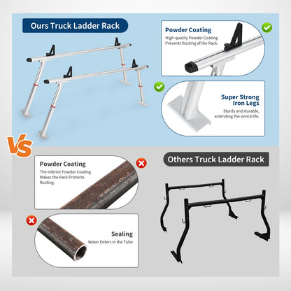 Heavy-Duty 800 LBS Aluminum Truck Ladder Rack, Adjustable 35.4–71 in Pickup Bed Cargo System with Drilling Mount for Lumber, Kayak, Surfboard & Work Equipment - Silver