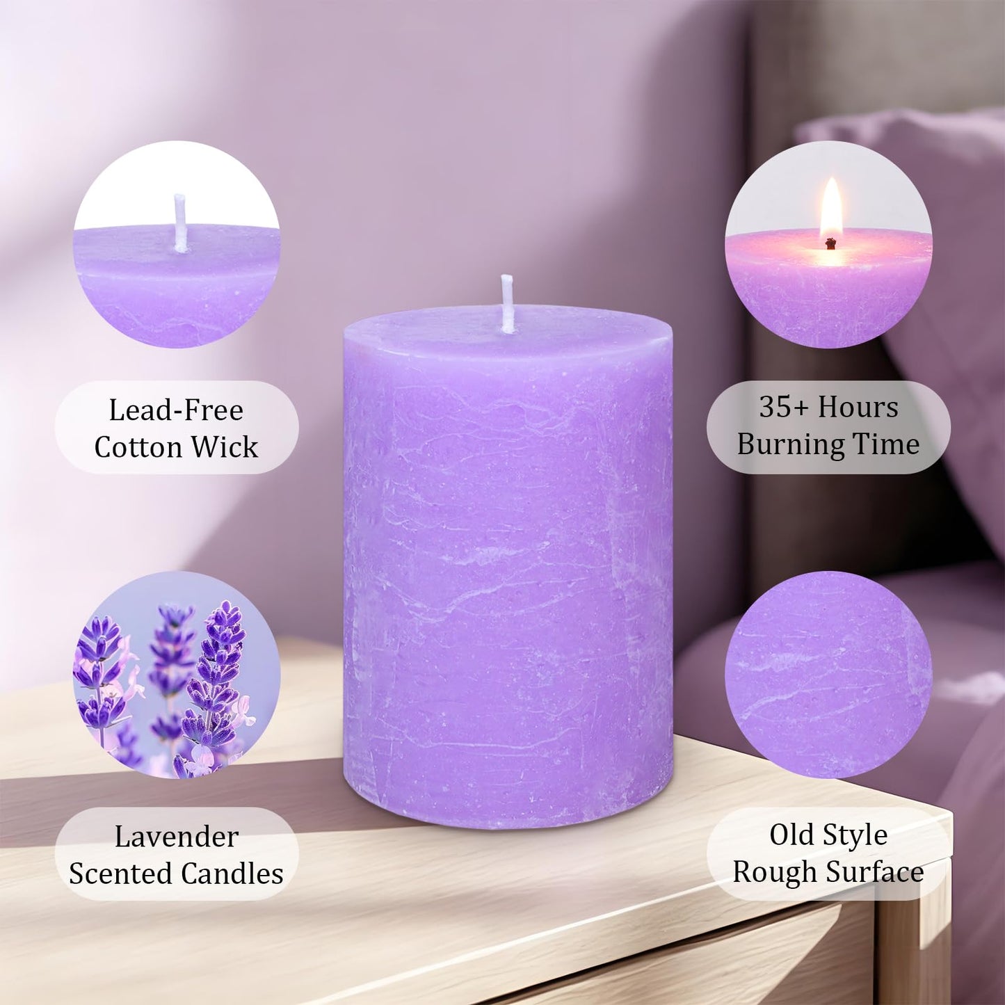 Cafemoon 3 Pack 3x4 Inch Lavender Scented Pillar Candles, Rustic Rough Textured Purple Candles, 35+ Hours Long Burning Smokeless Dripless for Home Decor Bathroom Shelf Dinner Party Spa Gift