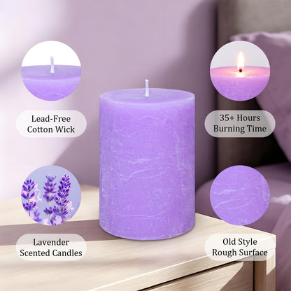 Cafemoon 3 Pack 3x4 Inch Lavender Scented Pillar Candles, Rustic Rough Textured Purple Candles, 35+ Hours Long Burning Smokeless Dripless for Home Decor Bathroom Shelf Dinner Party Spa Gift