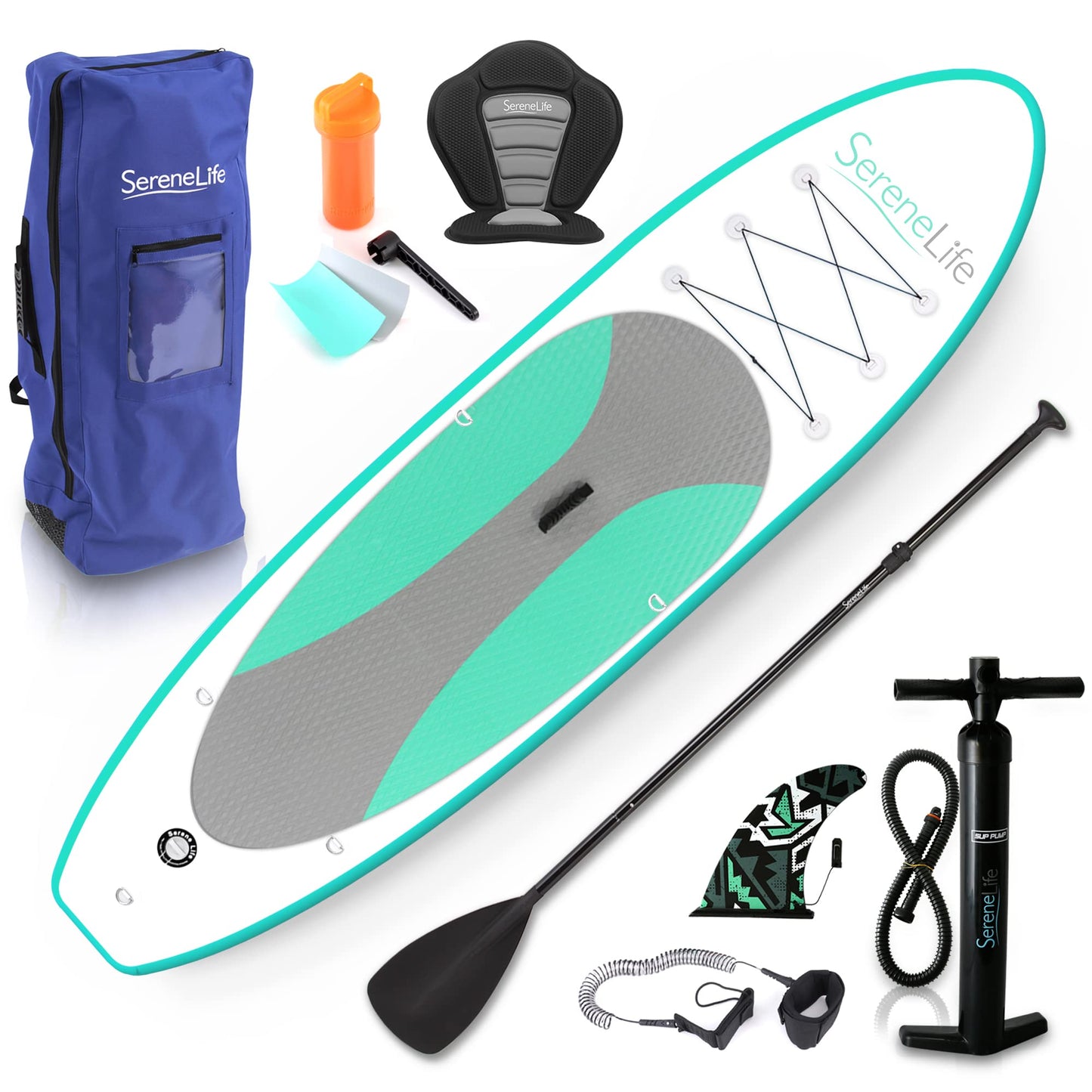 SereneLife Inflatable Stand Up Paddle Board - Wide Stable Design, Non-Slip Deck for Adults & Youth with Premium Paddle Board Accessories: Carry Bag, Dual Action Pump, Paddle, Ankle Leash - 10'