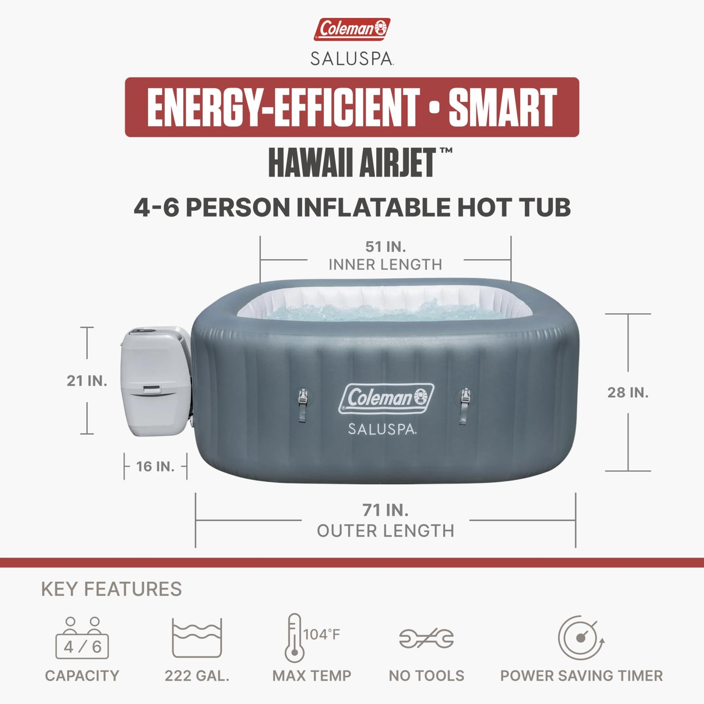 Coleman Hawaii 4 to 6 Person Inflatable Hot Tub, Square Energy-Efficient Portable Outdoor Spa with 140 AirJets, 71" x 28"