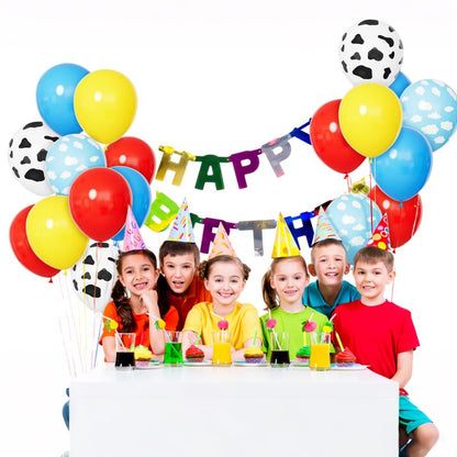 68Pcs Red Yellow Blue Toy Balloons 12 Inch Light Blue Cloud Cow Print Balloons for Baby's Birthday Story and Football Party Themed Decorations.