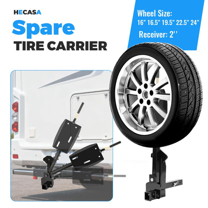 HECASA RV Spare Tire Mount Carrier Fit for 16" 16.5" 19.5" 22.5" 24" RV Wheels 2" Receiver Mount, 10,000 Pounds Capacity, 400 Pounds Tongue Weight Steel Powder Coated Black