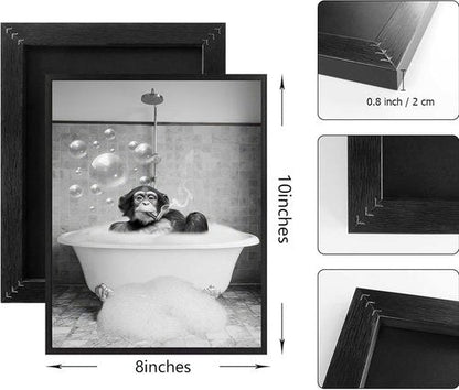 Framed Chimpanzee Wall Art - Fun Black and White Monkey Canvas Decor | 8x10 Inches for Bathroom or Man Cave