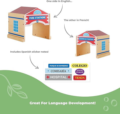 Guidecraft Community Buildings: Set of 6 Wooden Block Play Buildings (Fire Station Police Department Hospital School Grocery Store &amp Service Station)