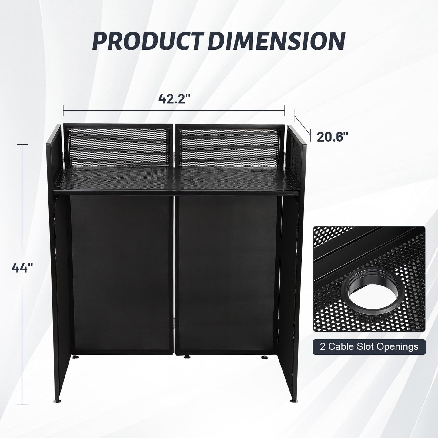 Portable DJ Booth Table Station 44"x42.2"x20.6", Foldable Metal Frame DJ Facade with Black & White Scrims, Detachable 40"x20" DJ Table, Adjustable Height, Carry Bag for Show, Party, Wedding, Events
