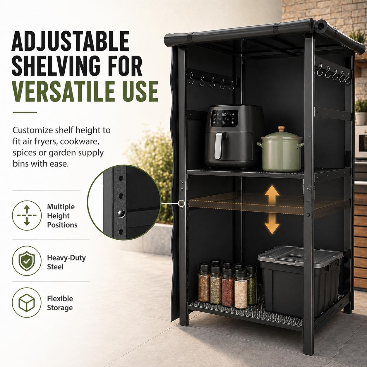 53 inch Multi-Purpose Outdoor Storage Organizer for Air Fryers, BBQ Tools and Gardening Gear – Heavy Duty Metal Utility Shelf with Adjustable Layers, Double Side Hooks and Compact Patio Design