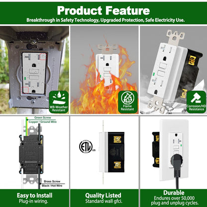 GFCI 20 Amp Weather Resistant,GREENCYCLE 10PK GFCI Outlet 20A, Safety WR Electrical Wall Outlet Indoor or Outdoor Use, Decorative Screwless Wall Plates and Screws Included, White